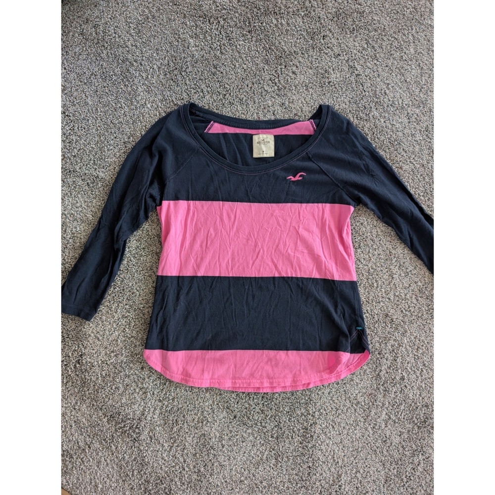 Hollister Black and Pink Wide-Stripe Scoop Neck Long Sleeve Top